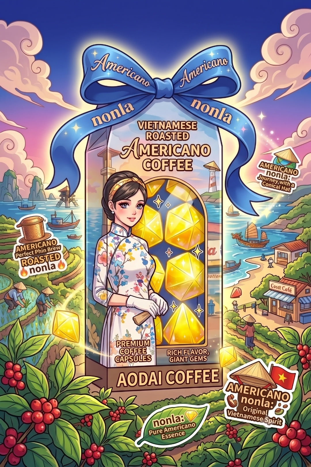 nonla 越南美式咖啡禮盒 — 越南長衫 + 下龍灣插畫副圖