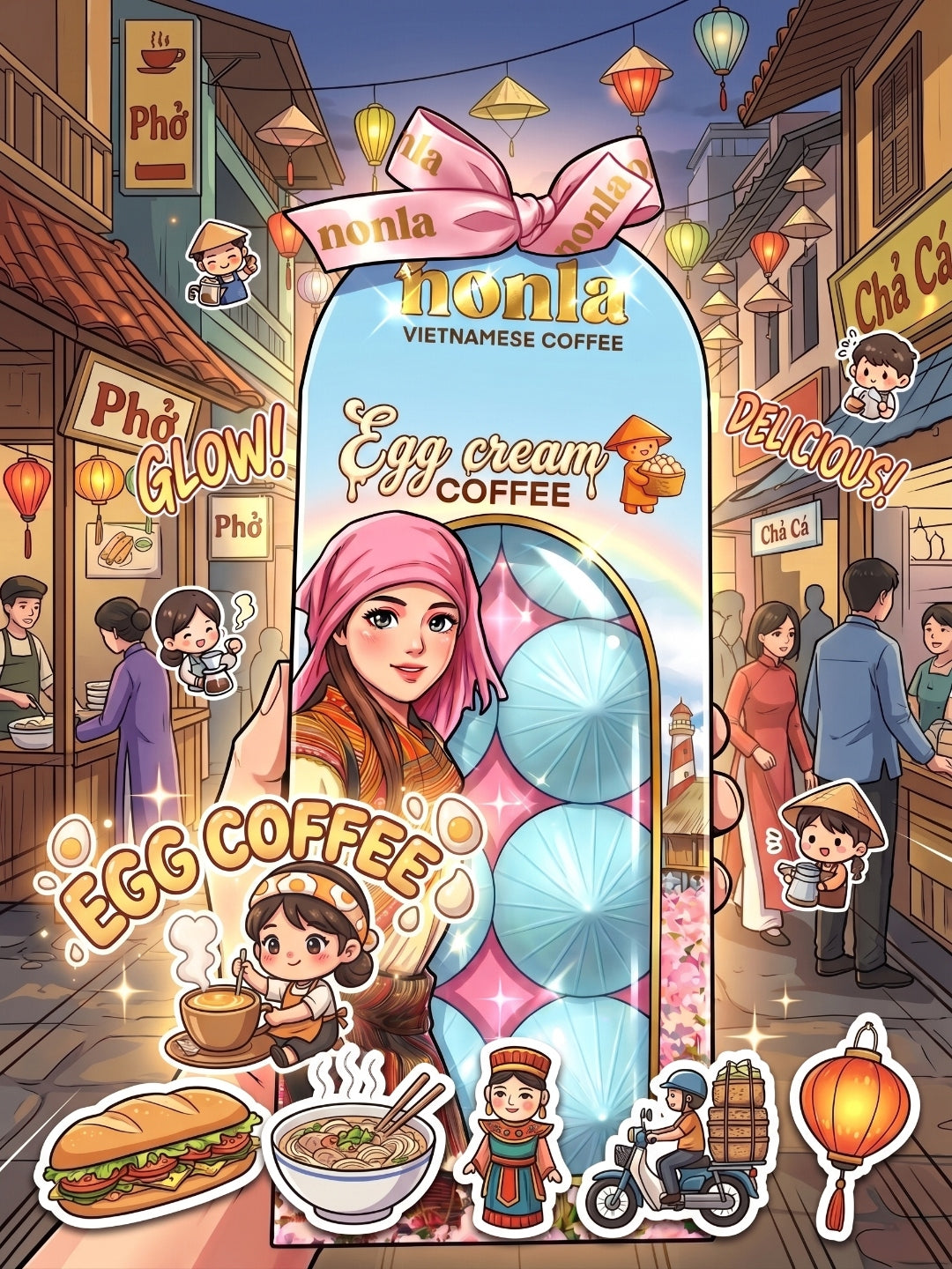 nonla 越南蛋咖啡禮盒 — Hội An 老街插畫副圖